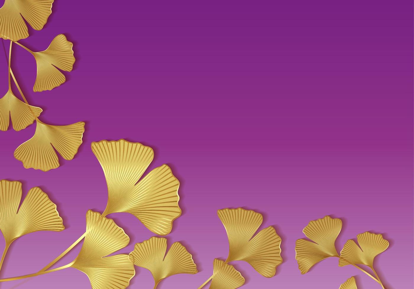 Gold frame of Ginkgo biloba leaves isolated on purple background. Golden luxury border of floral leaves. Vector illustration botanical design template, banner with copy space for your text