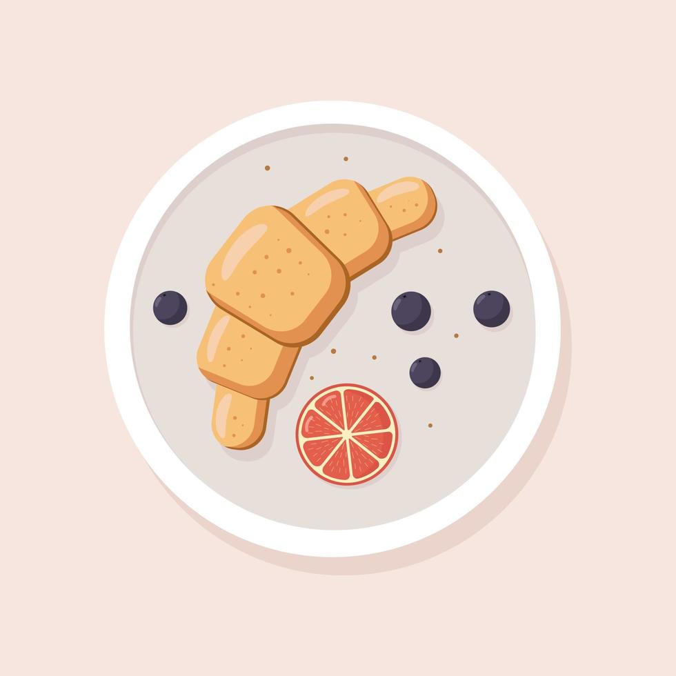 White plate with croissant, piece of orange and berries. Beautiful serving. Delicious breakfast. Sweet dessert. Table in cafe. Top view. Stylish food illustration. Vector