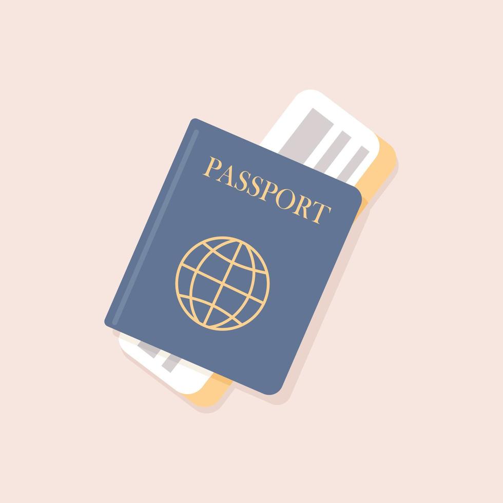 Passport and plane or train tickets. Travel documents. View from above. Cover of international passport. Trip, business trip, vacation. Top view. Vector illustration