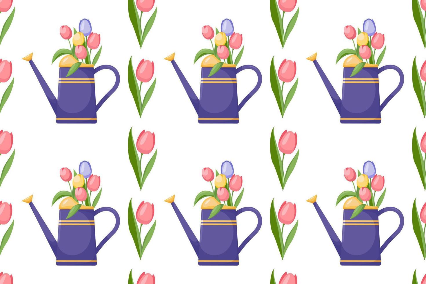 Seamless pattern with Bright watering can and  spring flowers. Bouquet of tulips in pretty vase. Flower arrangement in watering can. Gardening vector