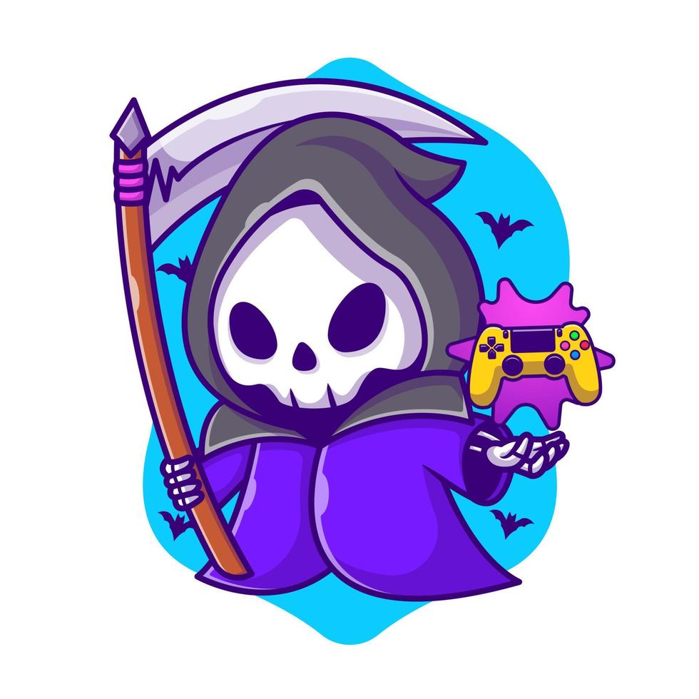 Cute Grim Reaper Gaming With Scythe Cartoon Vector Icon Illustration. Halloween Gaming Icon Concept Isolated Premium Vector. Flat Cartoon Style