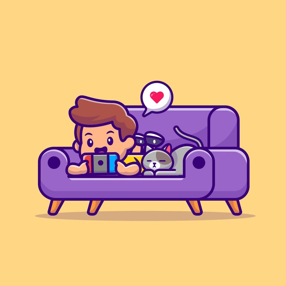 Cute Boy Playing Game With Cat Cartoon Vector Icon Illustration. People Technology Icon Concept Isolated Premium Vector. Flat Cartoon Style