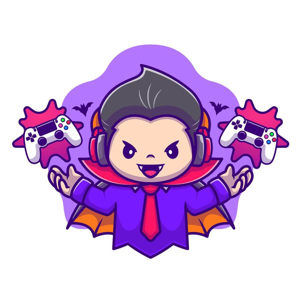 Cute Dracula Gaming Cartoon Vector Icon Illustration. Halloween Gaming Icon Concept Isolated Premium Vector. Flat Cartoon Style