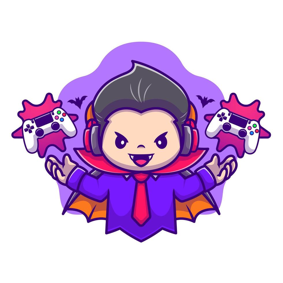 Cute Dracula Gaming Cartoon Vector Icon Illustration. Halloween Gaming Icon Concept Isolated Premium Vector. Flat Cartoon Style