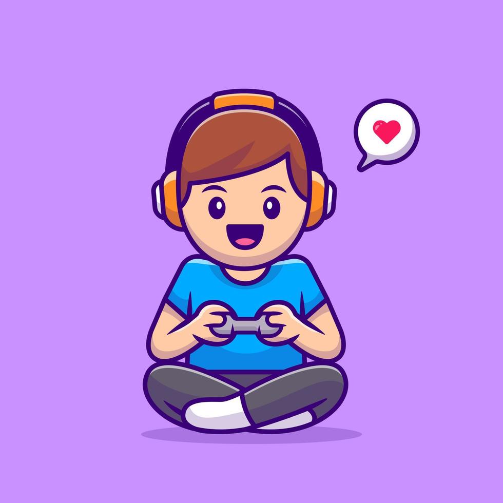 Cute Boy Playing Game Cartoon Vector Icon Illustration. People Technology Icon Concept Isolated Premium Vector. Flat Cartoon Style