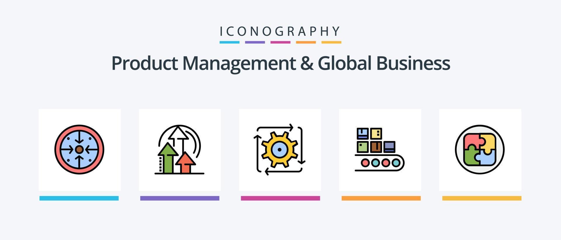 la gestión de productos y la línea de negocios global llenaron un paquete de 5 íconos que incluye una lista de verificación. control de calidad. flujo. engranaje. Producto prémium. diseño de iconos creativos vector