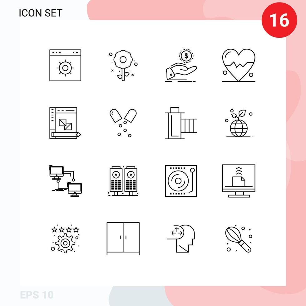 Universal Icon Symbols Group of 16 Modern Outlines of develop science help heart loan Editable Vector Design Elements