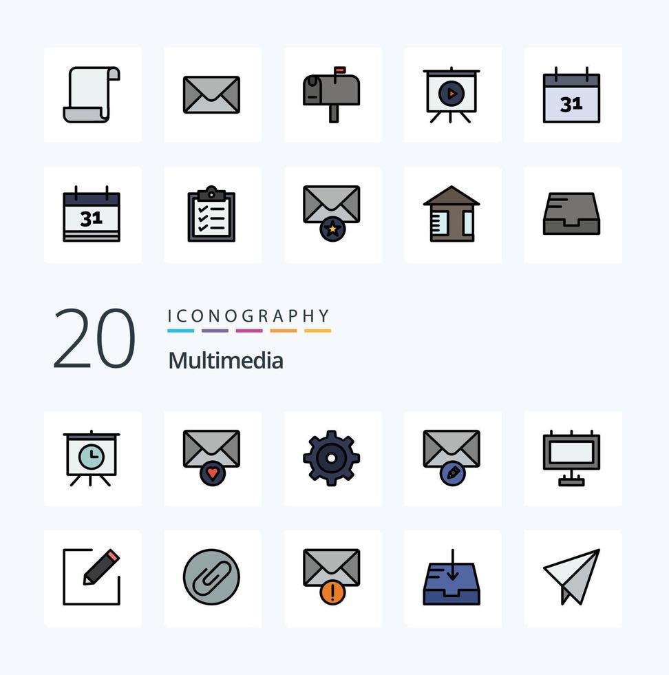 Paquete de 20 iconos de color llenos de línea multimedia como adjuntar editar tablero de redacción de correo vector