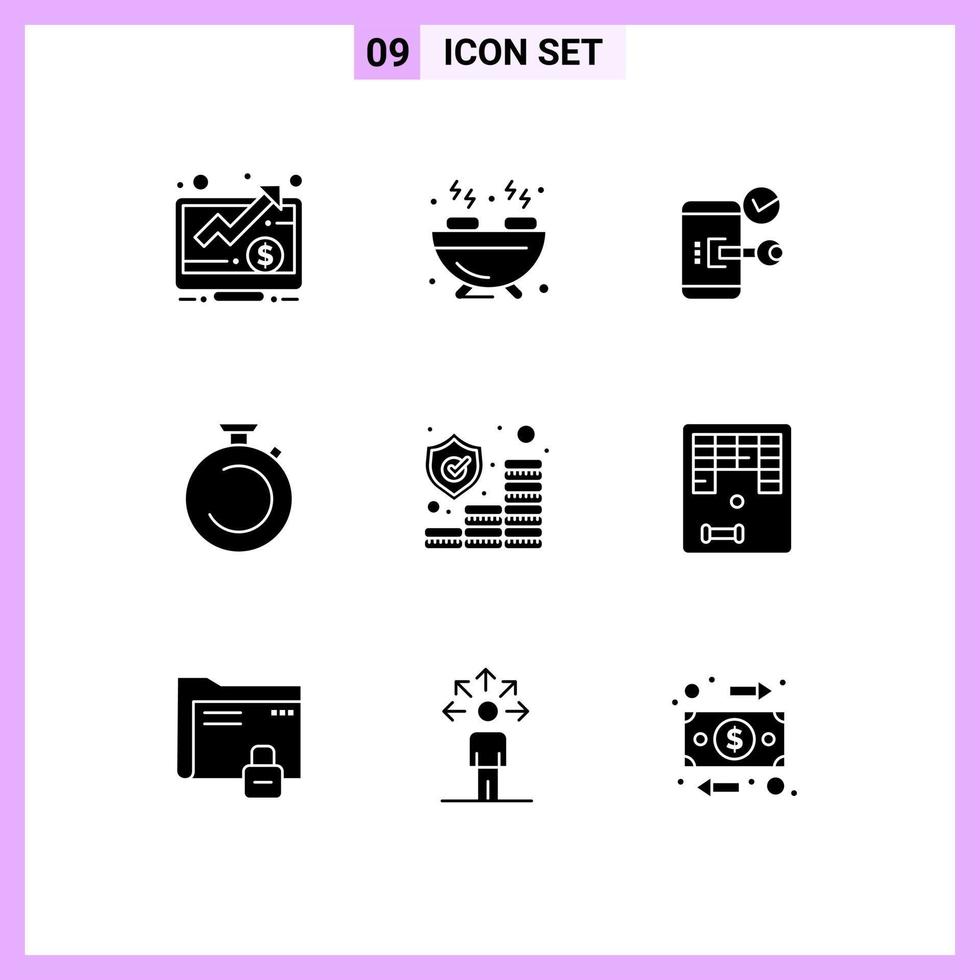 9 Universal Solid Glyphs Set for Web and Mobile Applications watch stopwatch lock clock security Editable Vector Design Elements