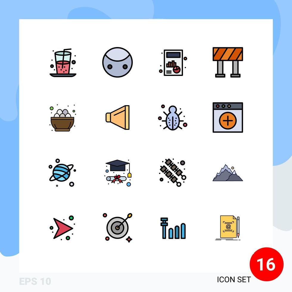 grupo de 16 líneas llenas de color plano, signos y símbolos para la celebración del huevo, bloque de tazón de negocios, elementos de diseño de vectores creativos editables