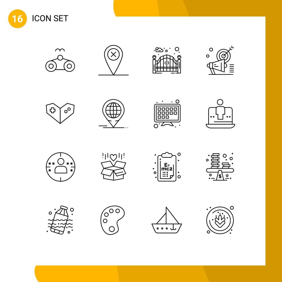 16 Universal Outline Signs Symbols of videogame audiance gate target megaphone Editable Vector Design Elements
