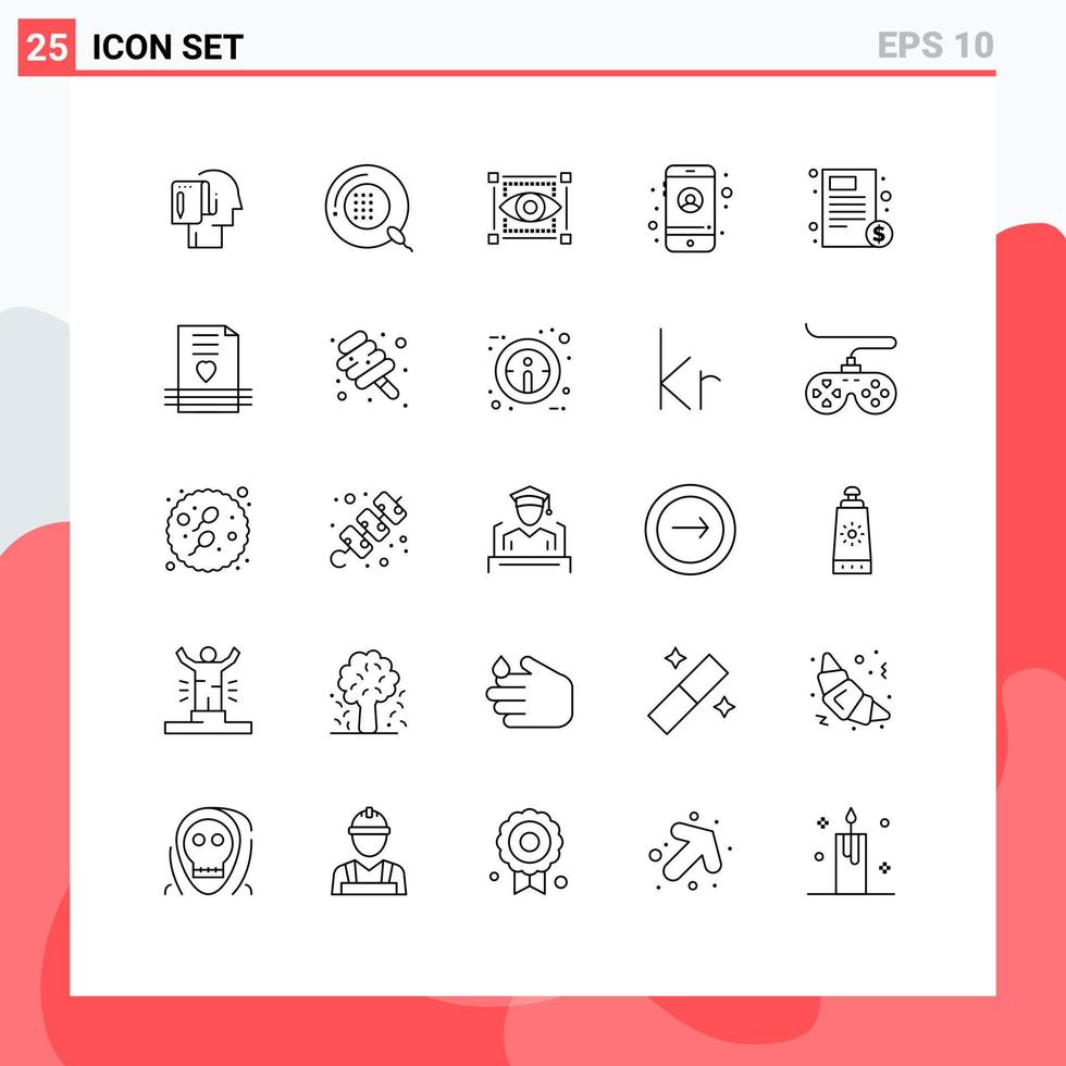 Stock Vector Icon Pack of 25 Line Signs and Symbols for document mobile health account sketching Editable Vector Design Elements