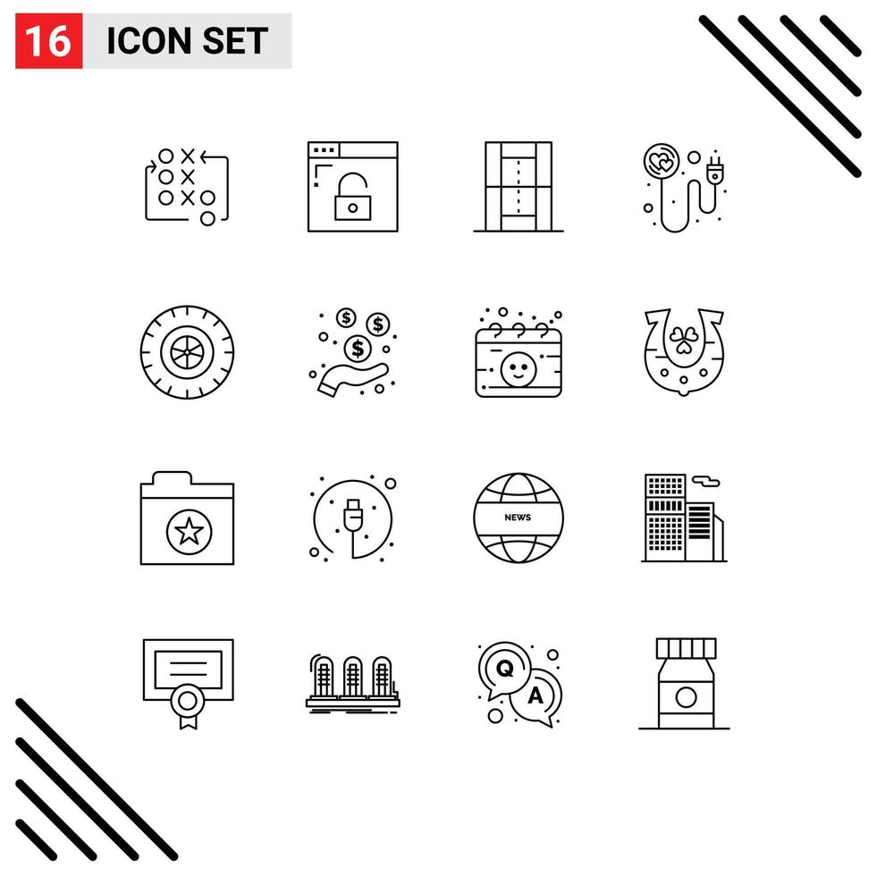 Set of 16 Modern UI Icons Symbols Signs for romance plug secure heart pitch Editable Vector Design Elements