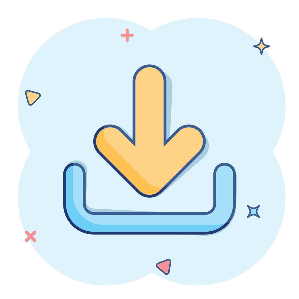 Download file icon in comic style. Arrow down downloading vector cartoon illustration pictogram. Download business concept splash effect.