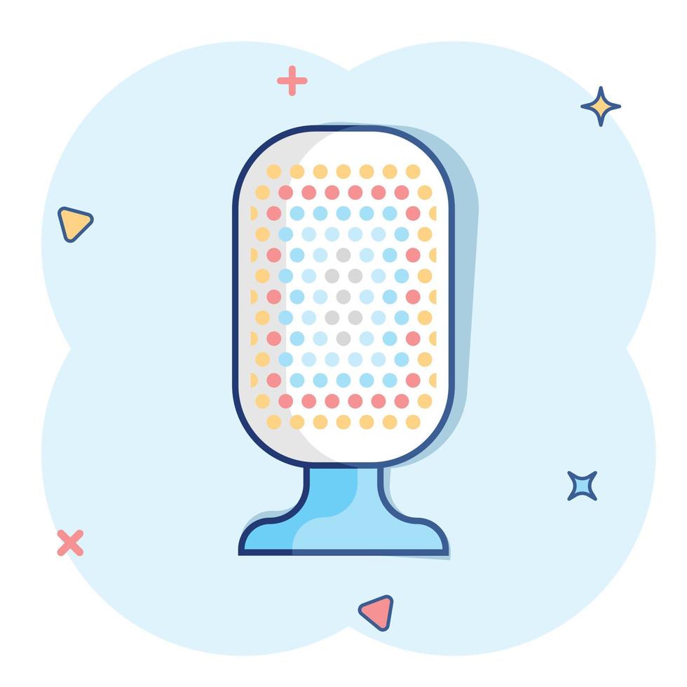 Microphone icon in comic style. Mic broadcast vector cartoon illustration pictogram. Microphone mike speech business concept splash effect.