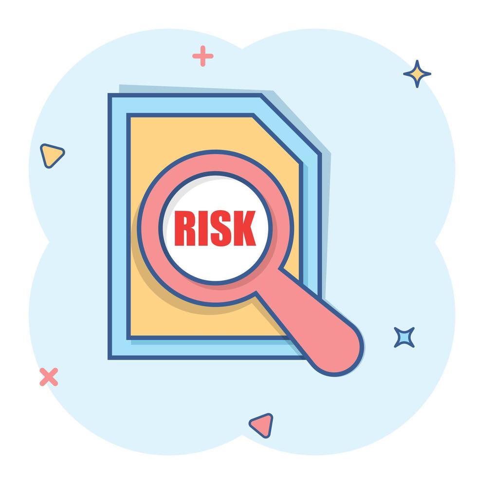 Risk level icon in comic style. Result cartoon vector illustration on white isolated background. Assessment splash effect business concept.