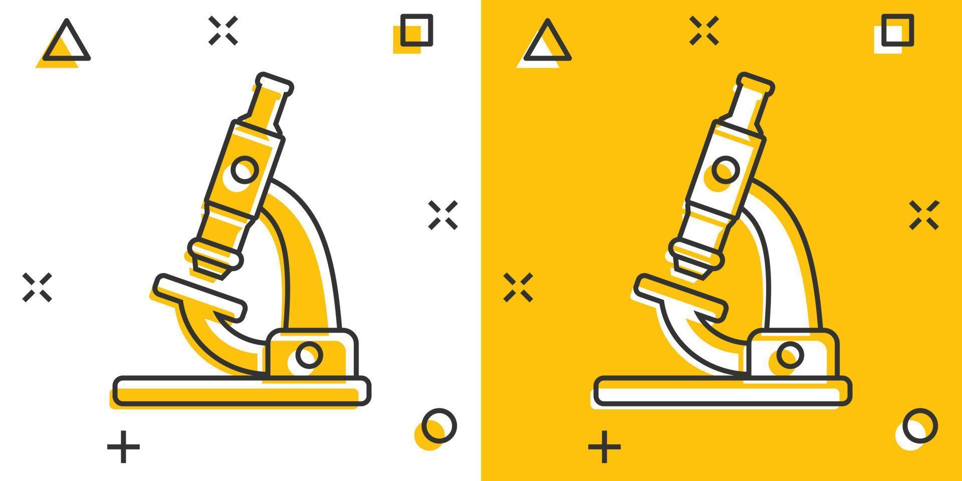 Microscope icon in comic style. Laboratory magnifier cartoon vector illustration on isolated background. Biology instrument splash effect sign business concept.