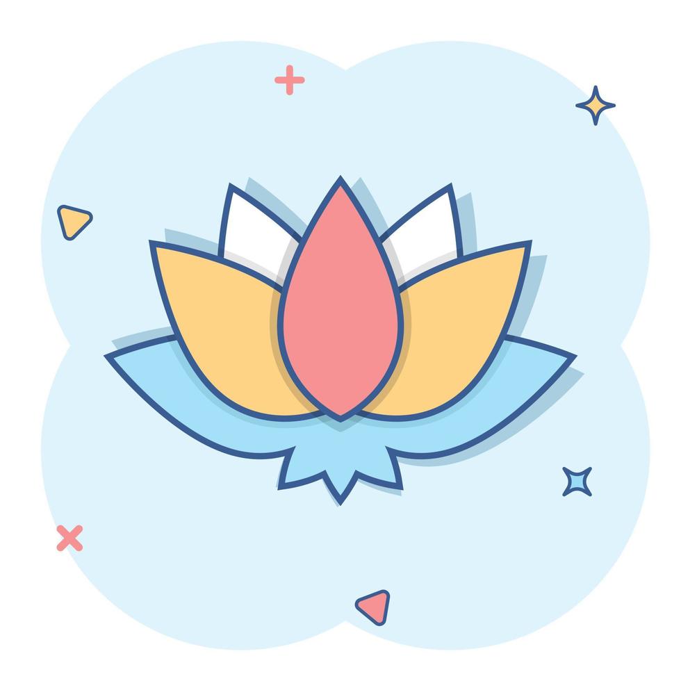 Lotus icon in comic style. Flower leaf cartoon vector illustration on white isolated background. Blossom plant splash effect business concept.