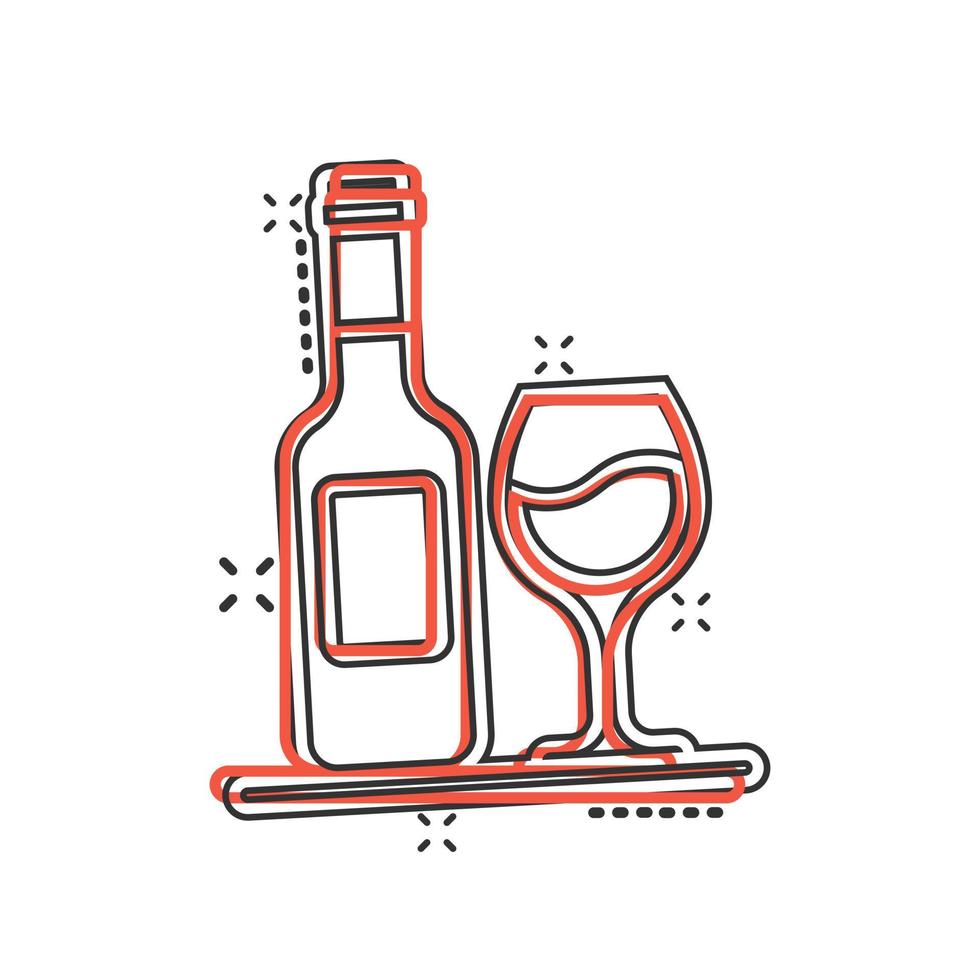 icono de copa y botella de vino en estilo cómico. Ilustración de vector de dibujos animados de bebidas de champán sobre fondo aislado. concepto de negocio de señal de efecto de salpicadura de bebida de cóctel.