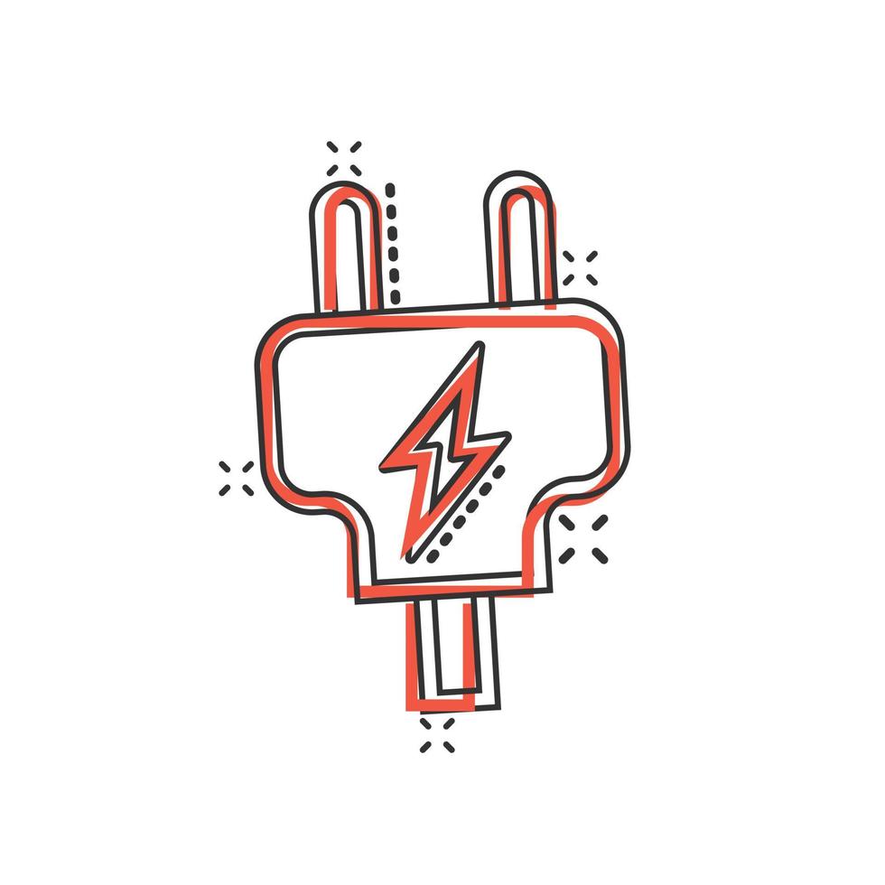 Electric plug icon in comic style. Power adapter cartoon vector illustration on white isolated background. Electrician splash effect sign business concept.