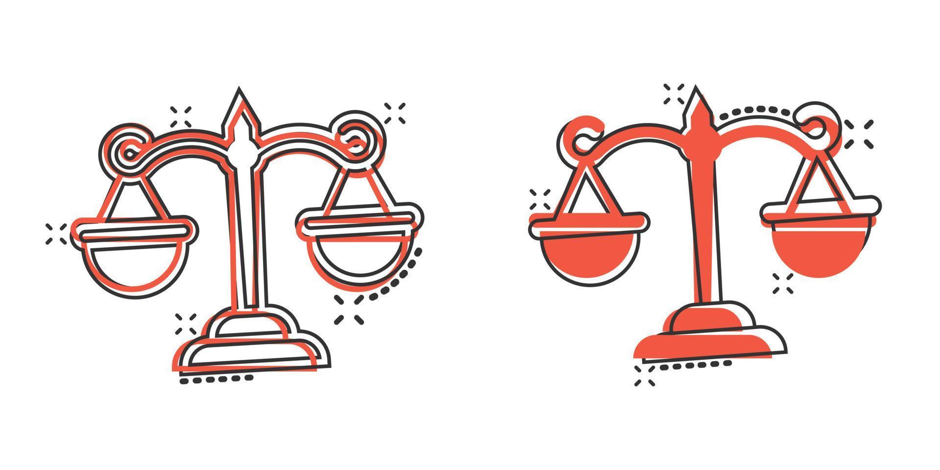 Scales icon in comic style. Libra cartoon vector illustration on isolated background. Mass comparison splash effect sign business concept.