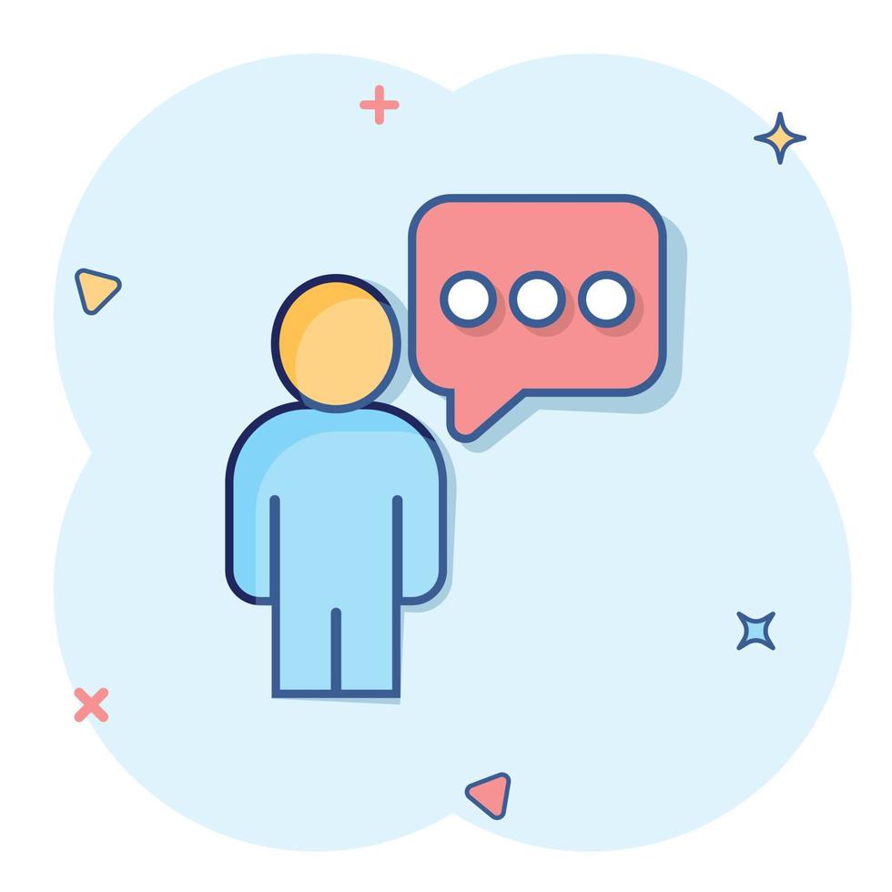 People with speech bubble icon in comic style. Chat cartoon vector illustration on white isolated background. Speaker dialog splash effect business concept.