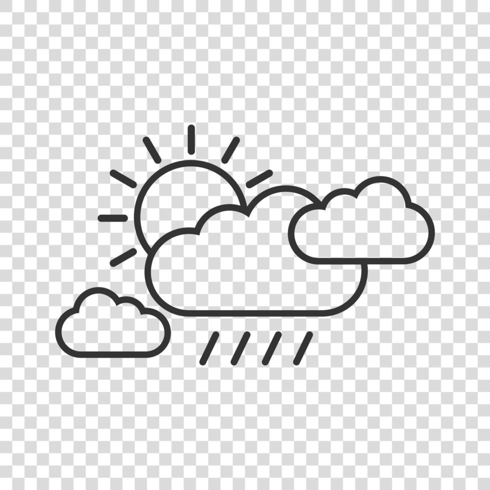 icono del tiempo en estilo plano. sol, nubes y lluvia ilustración vectorial sobre fondo blanco aislado. concepto de negocio de signo de meteorología. vector