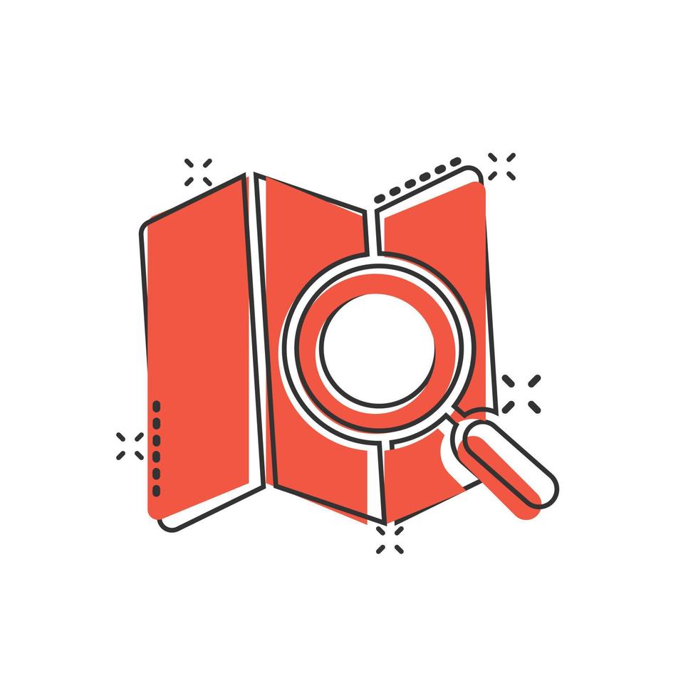 Map with magnifier icon in comic style. Gps navigation cartoon vector illustration on white isolated background. Locate position splash effect business concept.
