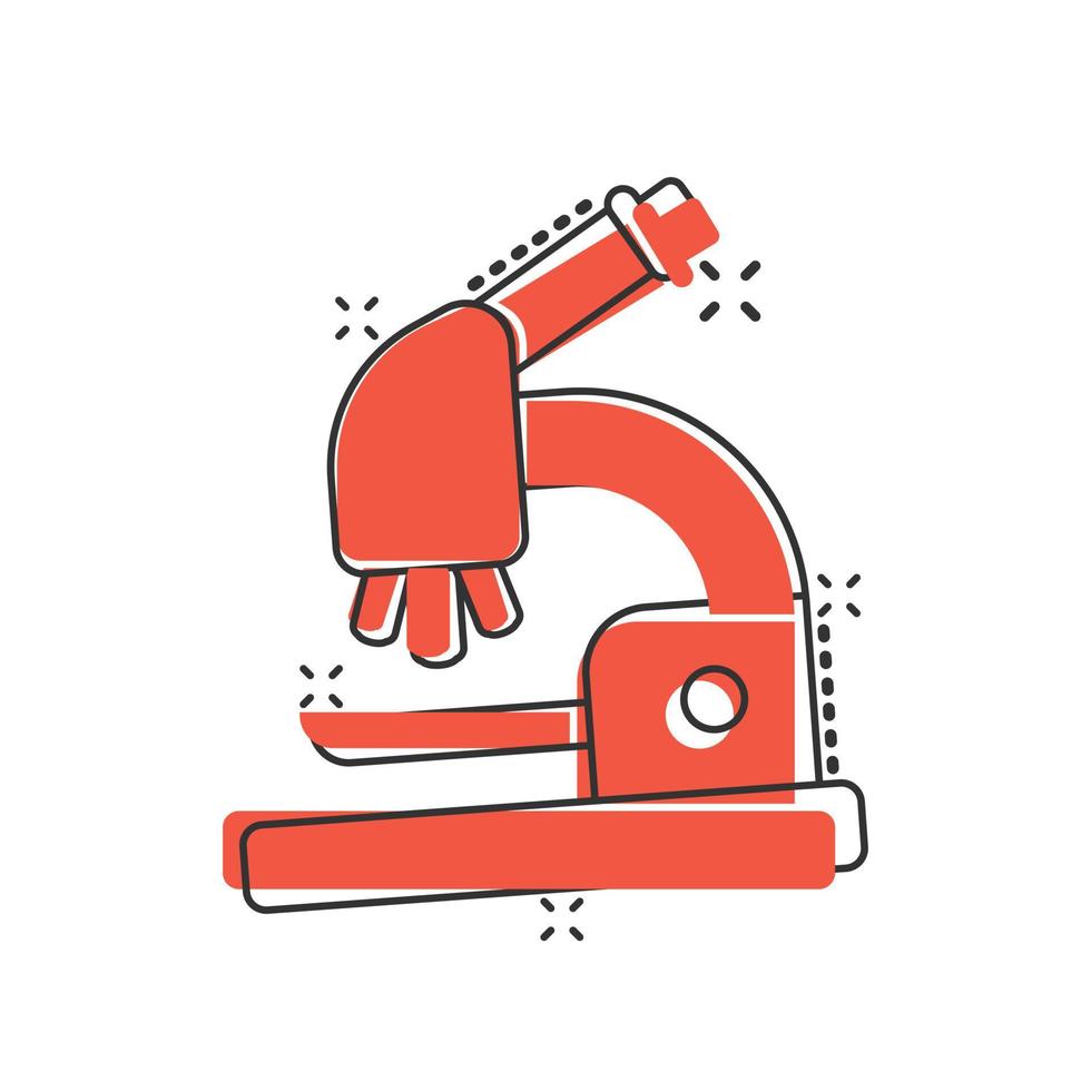Microscope icon in comic style. Laboratory magnifier cartoon vector illustration on isolated background. Biology instrument splash effect sign business concept.