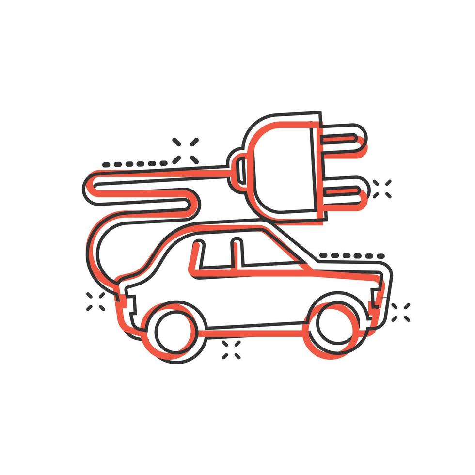 Electric car icon in comic style. Electro auto cartoon vector illustration on white isolated background. Ecology transport splash effect business concept.