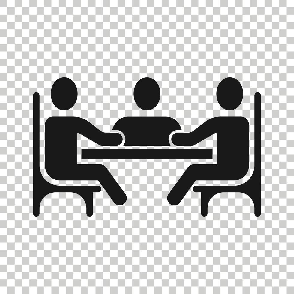 People with table icon in flat style. Teamwork conference vector illustration on white isolated background. Speaker dialog business concept.