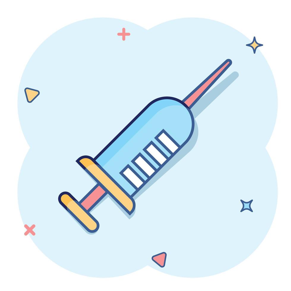 Syringe icon in comic style. Inject needle cartoon vector illustration on white isolated background. Drug dose splash effect business concept.