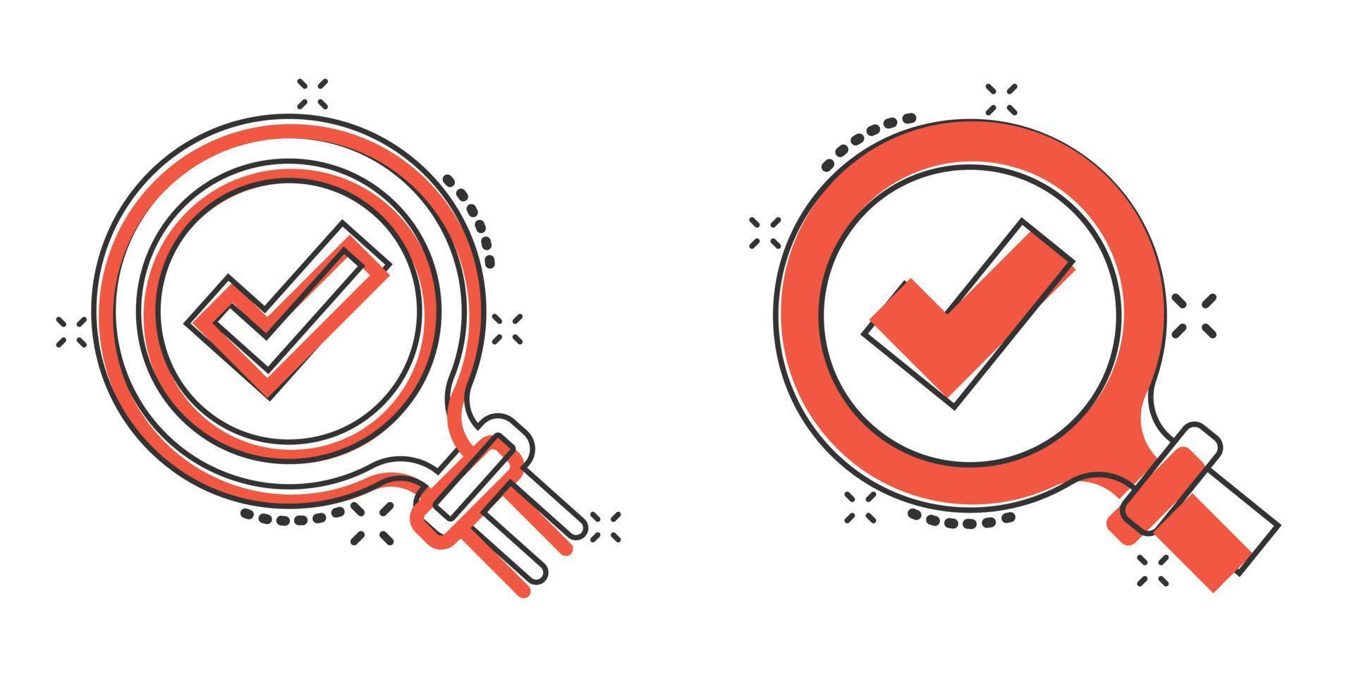 Check mark with magnifying glass icon in comic style. Loupe accept cartoon vector illustration on white isolated background. Search checklist splash effect business concept.