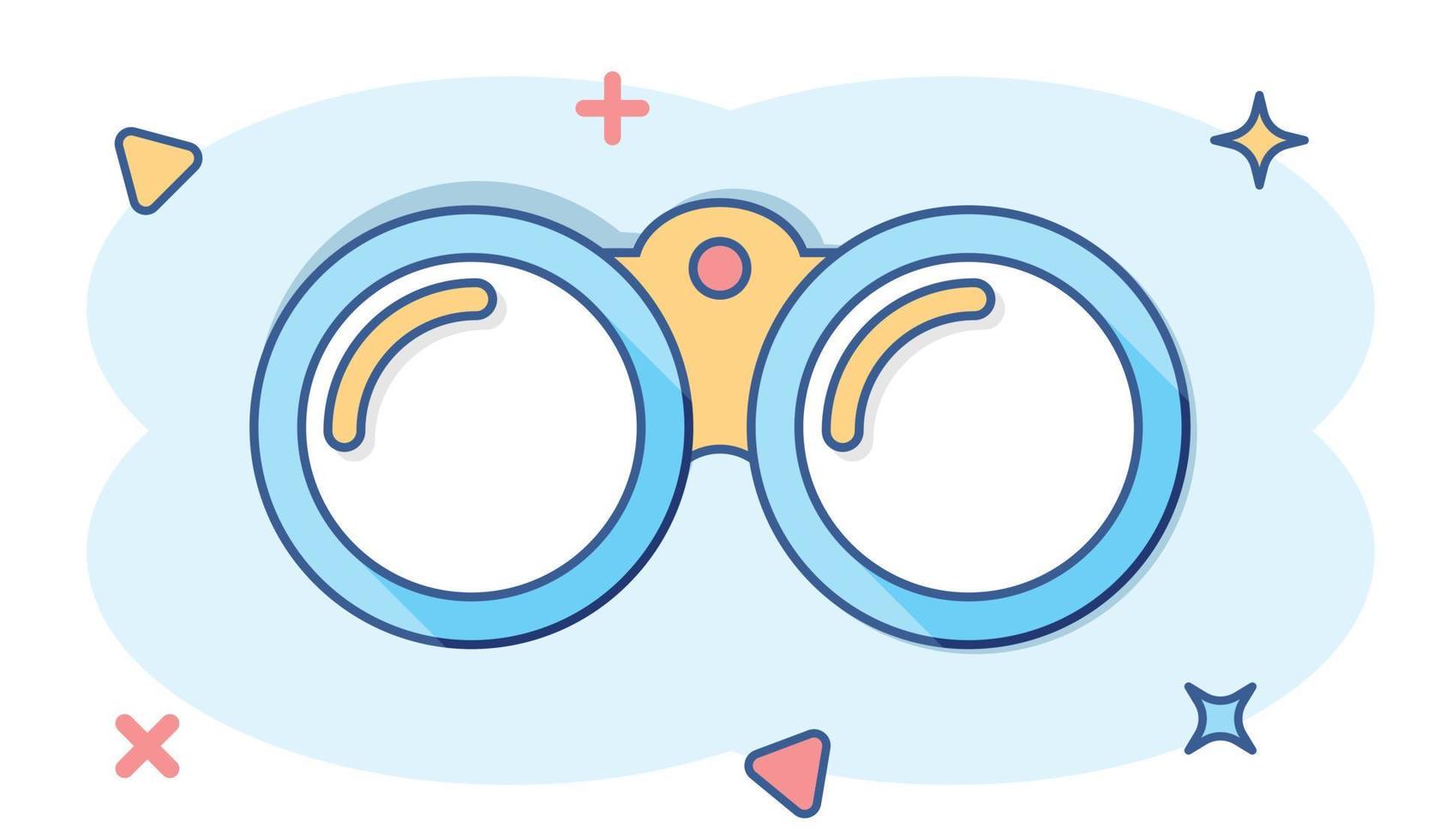 Vector cartoon binocular icon in comic style. Binoculars explore sign illustration pictogram. Binocular business splash effect concept.