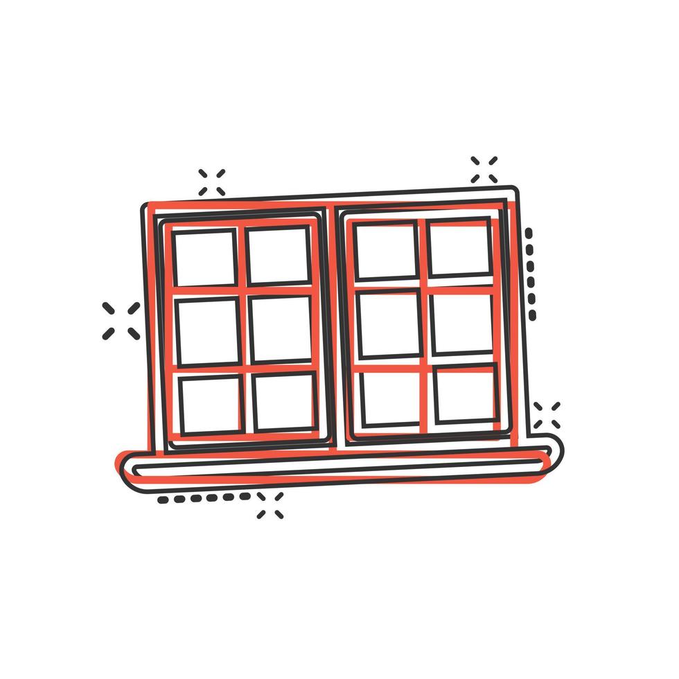 icono de ventana en estilo cómico. ilustración vectorial de dibujos animados abatibles sobre fondo aislado. concepto de negocio de signo de efecto de salpicadura interior de casa. vector