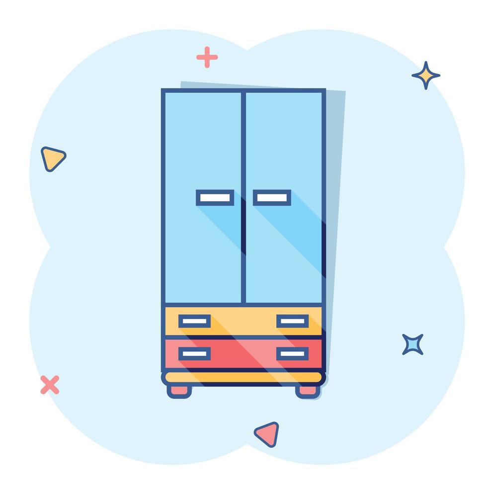 Vector cartoon cupboard icon in comic style. Furniture sign illustration pictogram. Cabinet business splash effect concept.