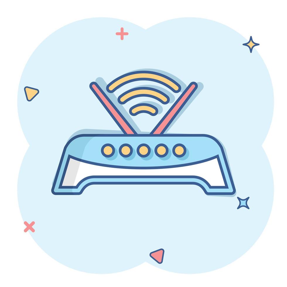 Wifi router icon in comic style. Broadband cartoon vector illustration on white isolated background. Internet connection splash effect business concept.