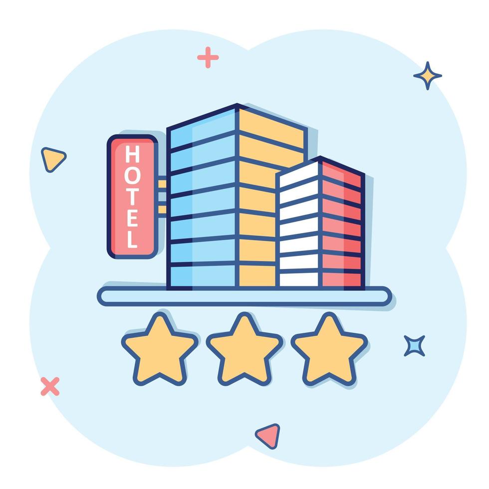 Hotel 3 stars sign icon in comic style. Inn building cartoon vector illustration on white isolated background. Hostel room splash effect business concept.