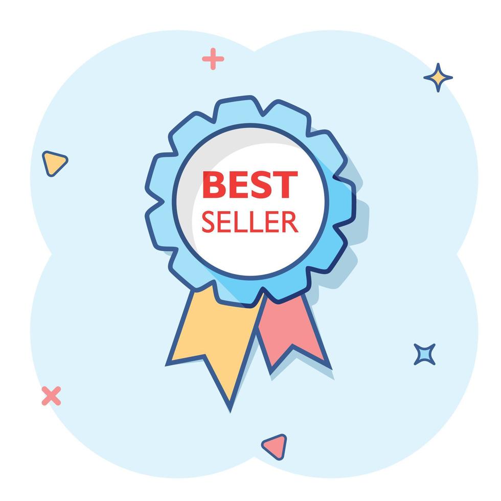 Vector cartoon best seller ribbon icon in comic style. Medal sign illustration pictogram. Bestseller business splash effect concept.