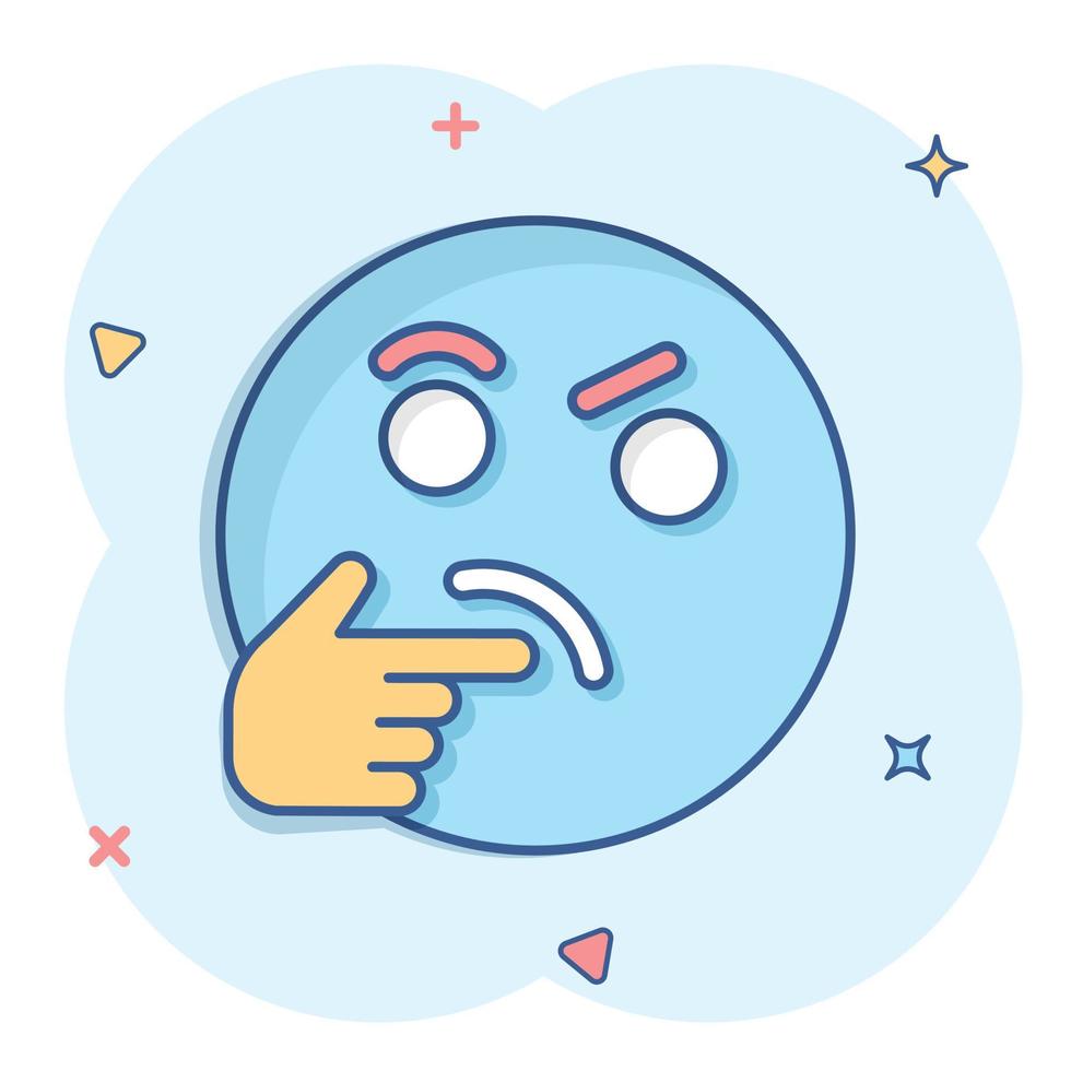 icono de cara de pensamiento en estilo cómico. Sonrisa emoticono vector ilustración de dibujos animados sobre fondo blanco aislado. concepto de negocio de efecto de salpicadura de carácter.