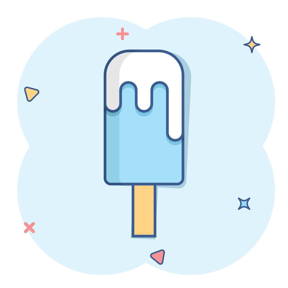 Ice cream icon in comic style. Sundae cartoon vector illustration on white isolated background. Sorbet dessert splash effect business concept.