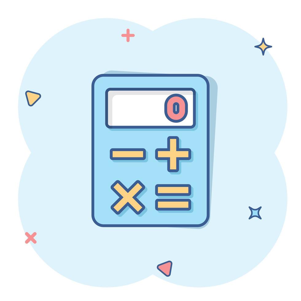 Calculator icon in comic style. Calculate cartoon vector illustration on white isolated background. Calculation splash effect business concept.