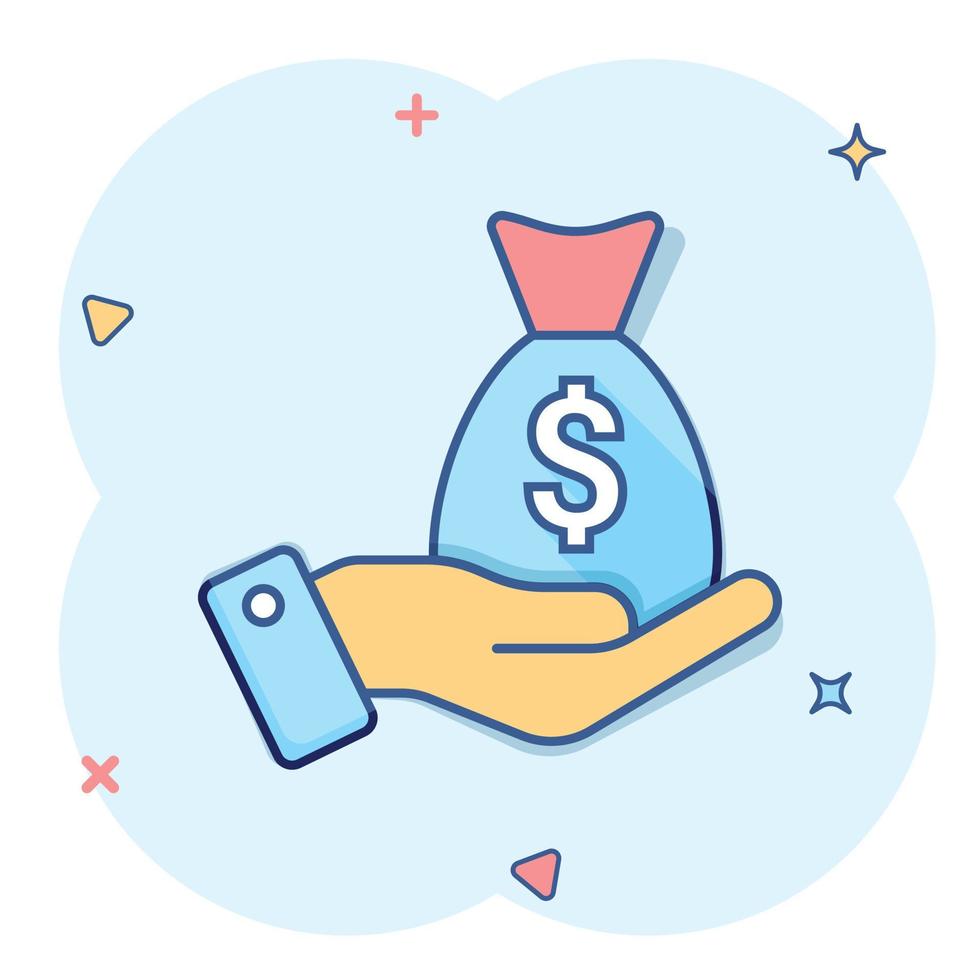Remuneration icon in comic style. Money in hand cartoon vector illustration on white isolated background. Banknote payroll splash effect business concept.