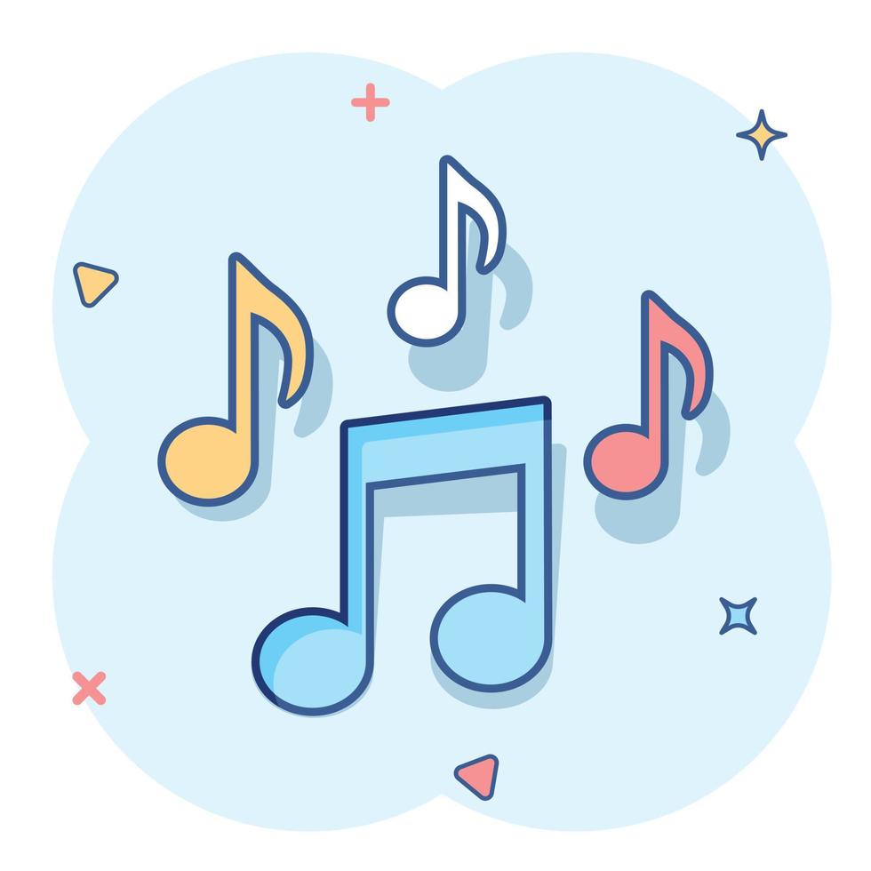 Vector cartoon music note icon in comic style. Sound media concept illustration pictogram. Audio note business splash effect concept.