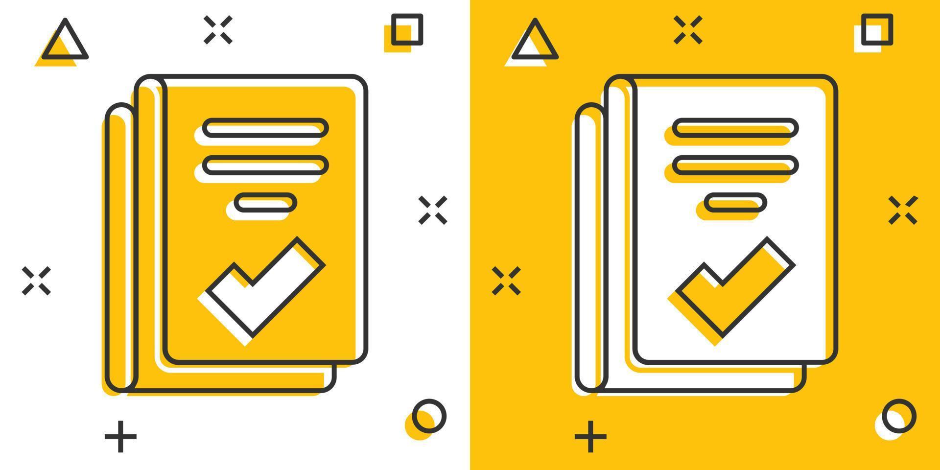 icono de lista de verificación de documentos en estilo cómico. informar ilustración vectorial de dibujos animados sobre fondo blanco aislado. concepto de negocio de efecto de salpicadura de hoja de papel. vector