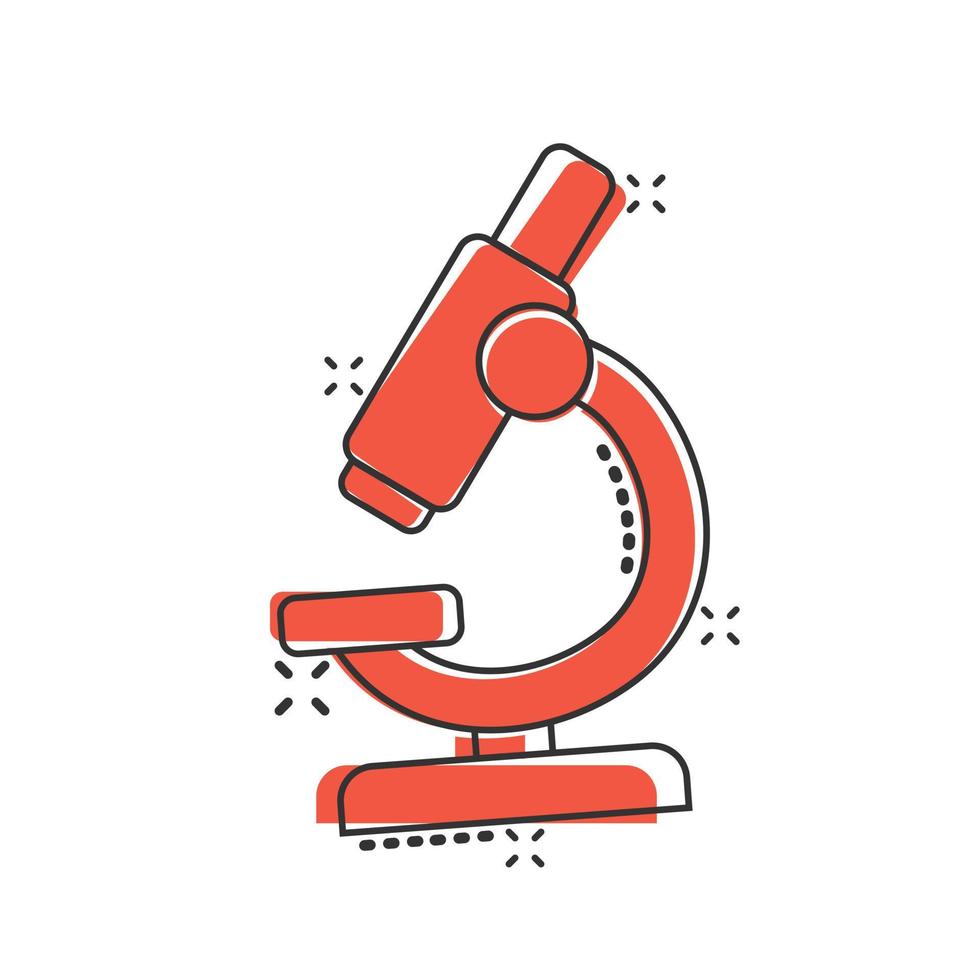 Microscope icon in comic style. Laboratory magnifier cartoon vector illustration on isolated background. Biology instrument splash effect sign business concept.