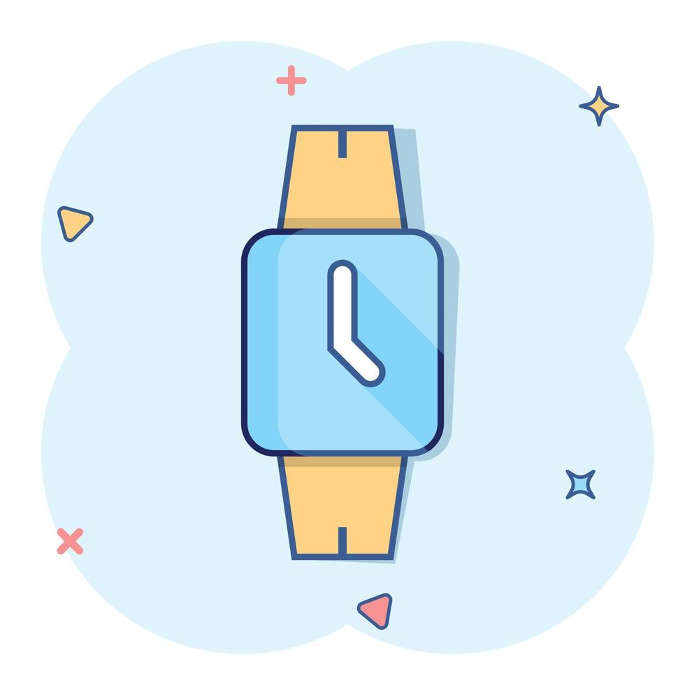 Wrist watch icon in comic style. Hand clock cartoon vector illustration on white isolated background. Time bracelet splash effect business concept.