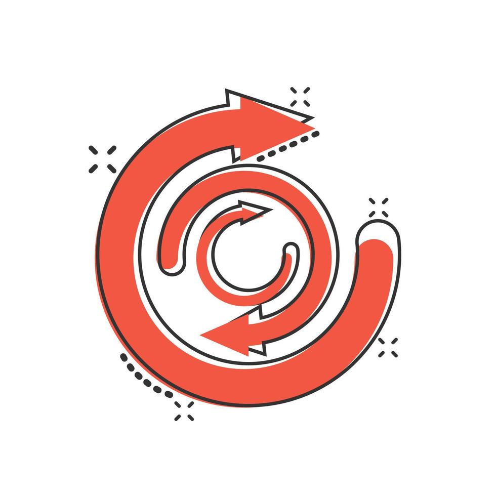 Arrow cycle icon in comic style. Recycle eco cartoon vector illustration on white isolated background. Balance splash effect business concept.