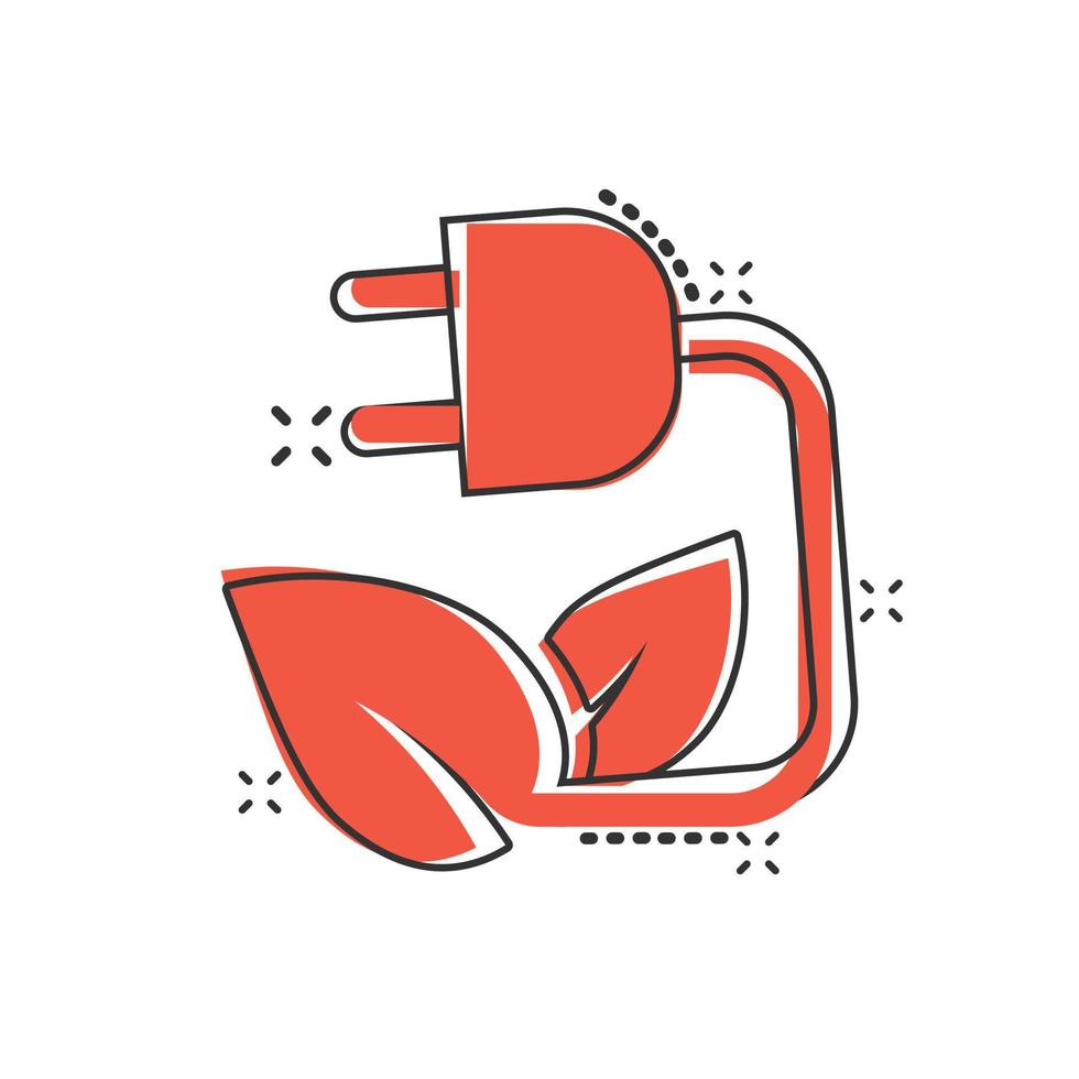 Eco energy icon in comic style. Leaf plug cartoon vector illustration on white isolated background. Electrician splash effect sign business concept.
