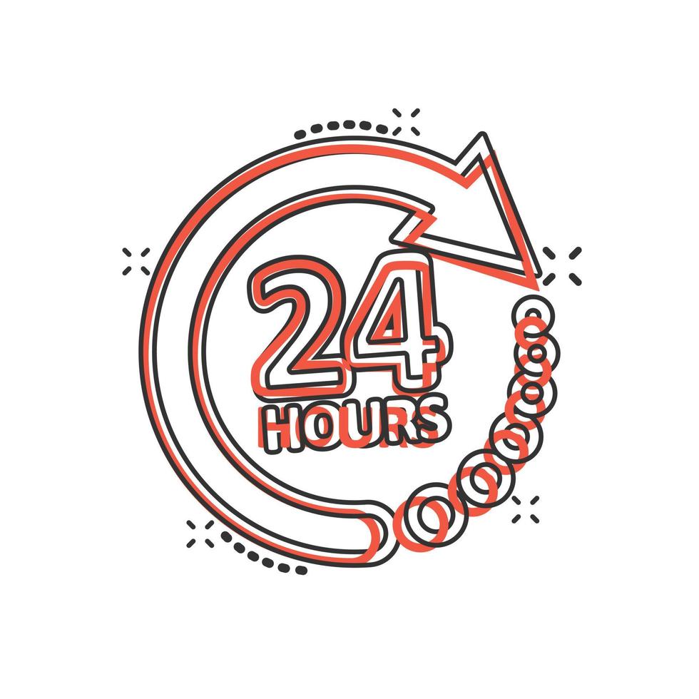 24 hours service icon in comic style. All day business and service cartoon vector illustration on isolated background. Quick service time splash effect sign business concept.